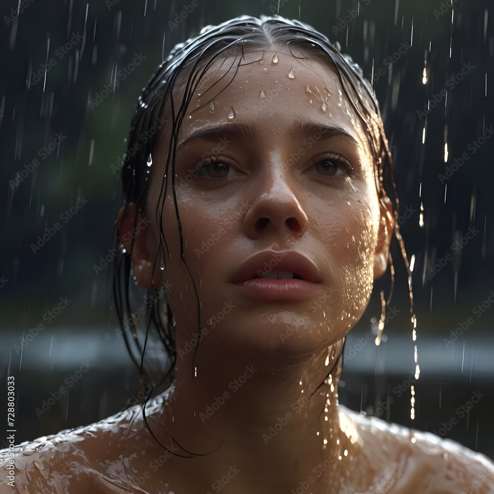 Obraz premium Beautiful young woman taking a shower in the rain.
