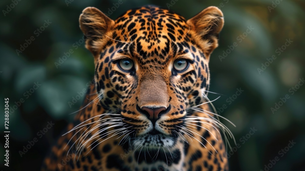 Javan Leopard's Gaze: Distinctive Rosettes on Golden Fur, Finely Detailed Whiskers Against a Dusky Rainforest Backdrop. Javan Leopard's Gaze: Distinctive Rosettes on Golden Fur, Finely Detailed Whiskers Against a Dusky Rainforest Backdrop.