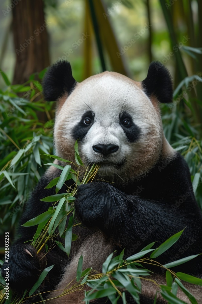 Obraz premium Tranquil Bamboo Munching: A Giant Panda Enjoys Its Meal, Surrounded by Lush Greenery, Showcasing Its Iconic Fur Pattern.