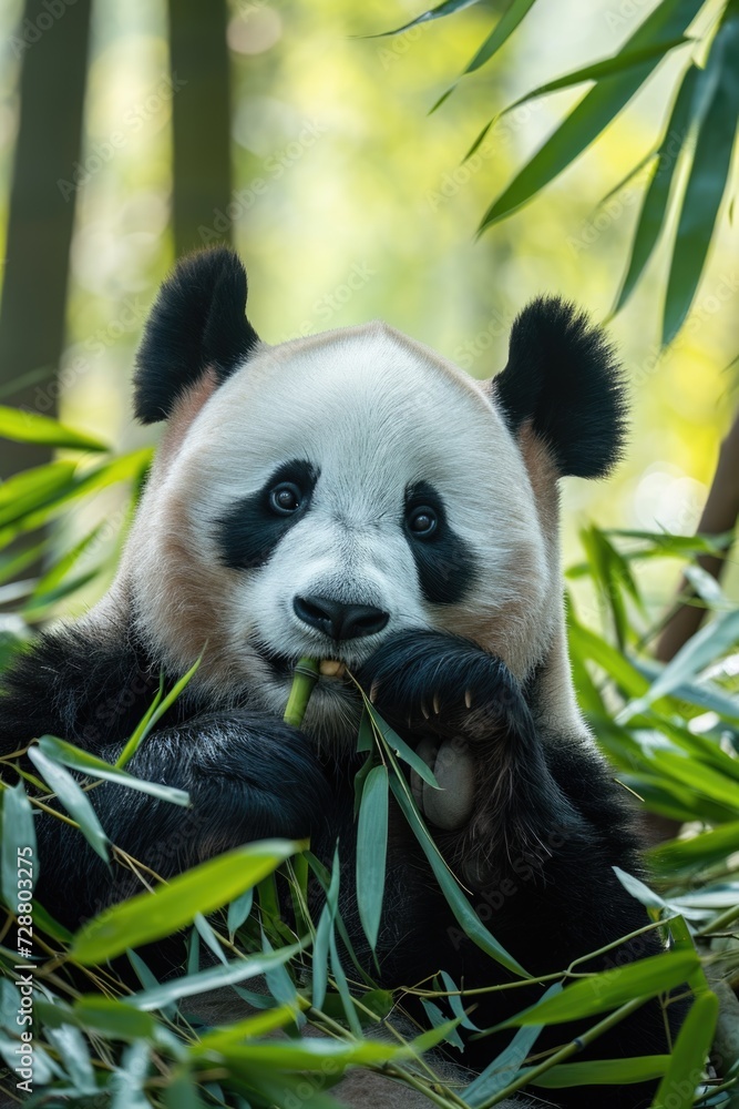 Fototapeta premium Peaceful Bamboo Banquet: A Giant Panda Holds a Shoot Amidst Thick Greenery, Its Black and White Fur in Stark Contrast.
