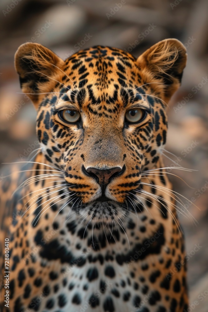 Obraz premium The Predator's Stare: An Indian Leopard's Intense Eyes and Detailed Fur, Captured Up Close in Its Rocky, Vegetated Habitat.