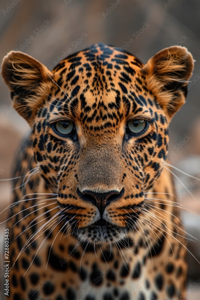 Fototapeta premium Intense Gaze in the Wild: Close-Up of an Indian Leopard with Spotted Fur, Set Against Rocky Terrain and Sparse Vegetation.
