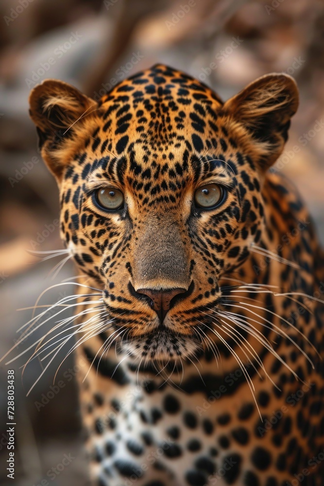 Leopard's Watchful Eyes: A Detailed Portrait of an Indian Leopard, Whiskers and Spots Against Its Natural Rocky Habitat.