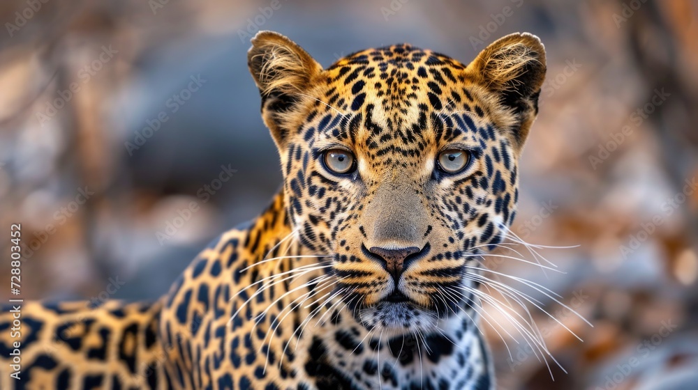 Obraz premium Leopard's Watchful Eyes: A Detailed Portrait of an Indian Leopard, Whiskers and Spots Against Its Natural Rocky Habitat.