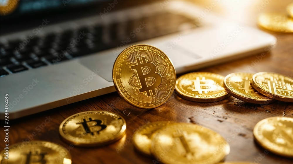 Bitcoin coins on a wooden desk with a laptop. Generative Ai. Bitcoin coins on a wooden desk with a laptop. Generative Ai.