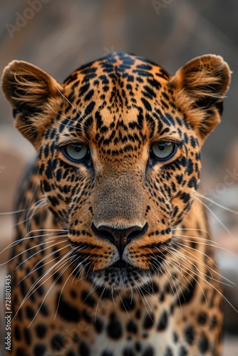 Intense Gaze in the Wild  Close-Up of an Indian Leopard with Spotted Fur  Set Against Rocky Terrain and Sparse Vegetation.
