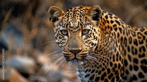 The Predator's Stare: An Indian Leopard's Intense Eyes and Detailed Fur, Captured Up Close in Its Rocky, Vegetated Habitat.