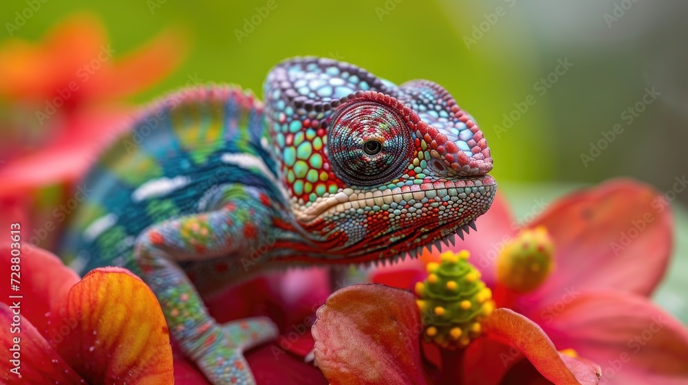 Obraz premium Vivid Encounter: Chameleon on Flower with Colorful Skin and Piercing Eye Gaze, Surrounded by a Burst of Floral Reds and Greens.
