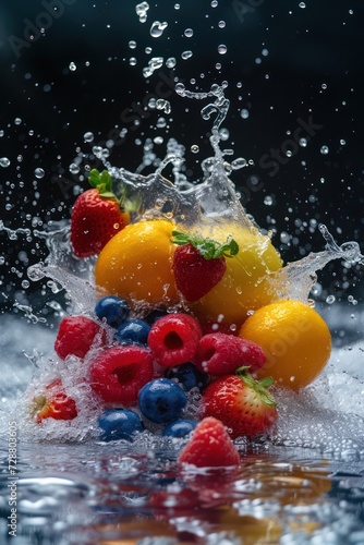 Fresh fruits with a sharp focus  enhanced by splashes of water.