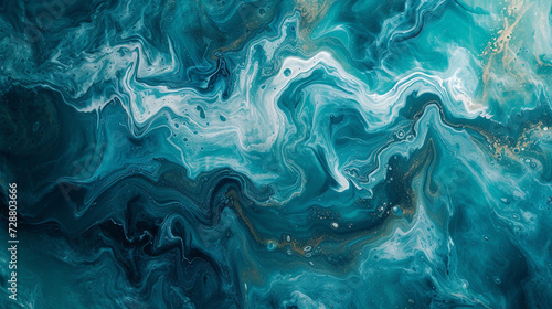A marble slab with an abstract painting in shades of blue and green, resembling a calm sea. 