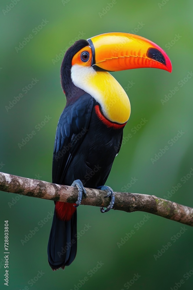 Obraz premium Side-Glancing Toucan: Striking Color Bands on Feathers, Balanced on a Bent Branch, With the Dense Rainforest Blurring into Green.