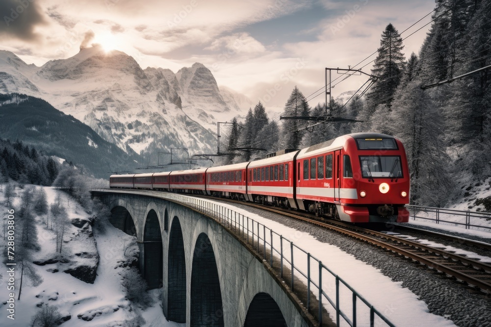 A Red Train Traveling Over a Snow Covered Bridge