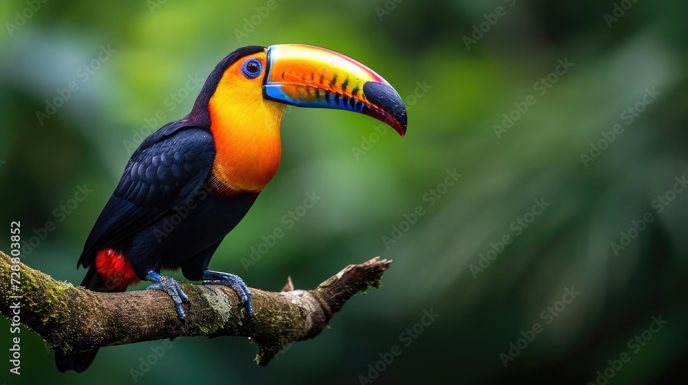 Fototapeta premium Curious Gaze: Vibrant Toucan of the Rainforest Perched on a Curved Branch, Distinct Plumage Highlighted Against a Blurred Green Backdrop.