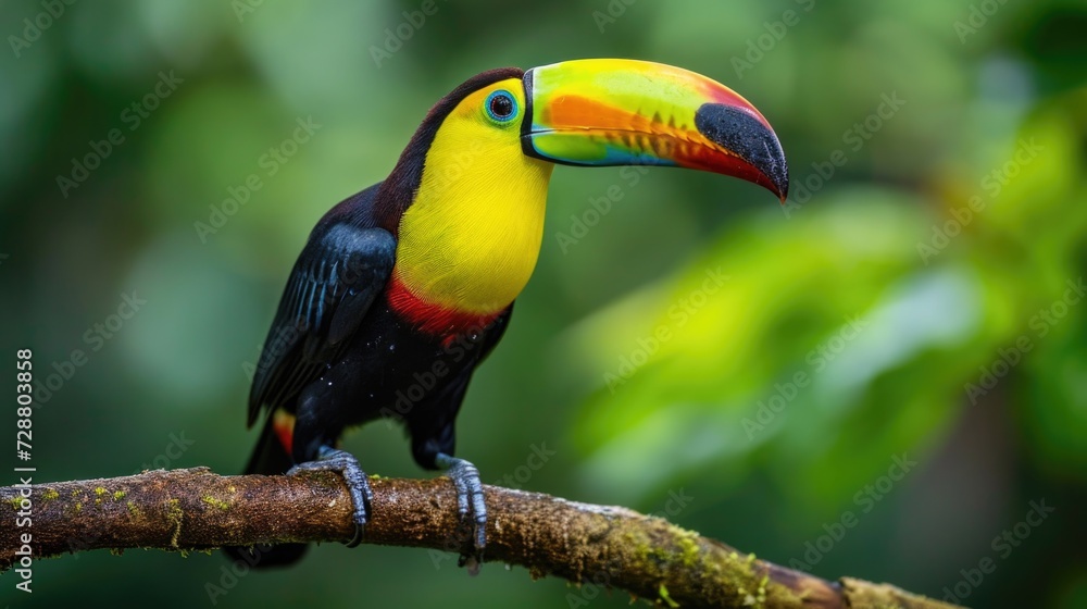 Naklejka premium Rainforest Jewel: A Toucan with Colorful Sections of Plumage, Poised Gracefully on a Curved Branch, Eyes Cast Sideways Amid Dense Greenery.