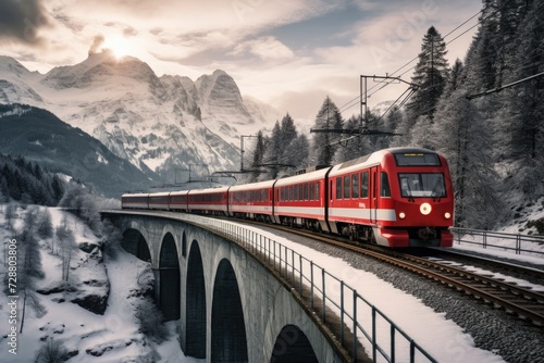 A red train traveling over a snow covered bridge. © Marharyta
