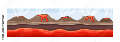 Under earth layer concept. Ground and soil  land. Archeology and paleontology. Volcano with magma. Template and layout. Cartoon flat vector illustration isolated on white background