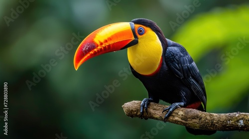 Side-Glancing Toucan: Striking Color Bands on Feathers, Balanced on a Bent Branch, With the Dense Rainforest Blurring into Green.