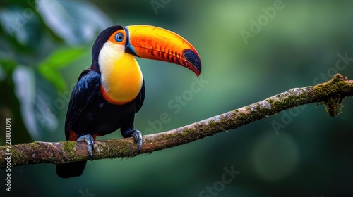 Rainforest Jewel: A Toucan with Colorful Sections of Plumage, Poised Gracefully on a Curved Branch, Eyes Cast Sideways Amid Dense Greenery.