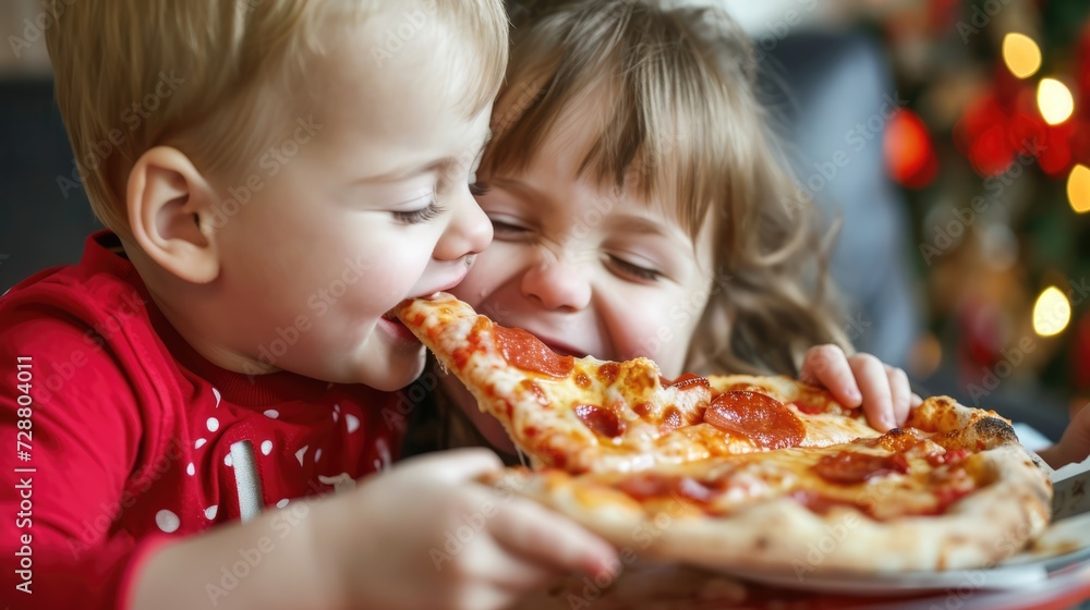 The kids' animated enjoyment of their pizza is evident, their excitement contributing to the lively energy of the pizza place. The kids' animated enjoyment of their pizza is evident, their excitement contributing to the lively energy of the pizza place.