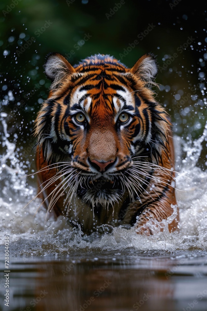 Majestic Tiger's Aquatic Dance: Intense Gaze Amidst Splashes, Showcasing Strength and Grace in Every Wet Fur Detail.
