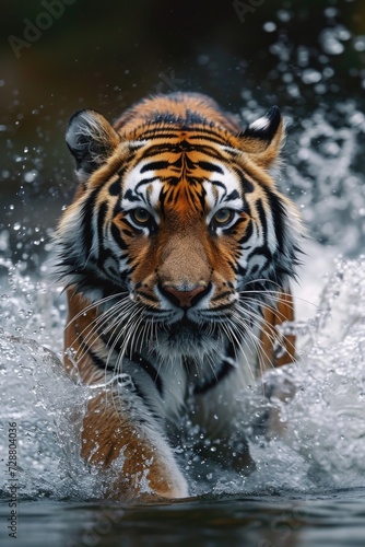 Majestic Tiger's Aquatic Dance: Intense Gaze Amidst Splashes, Showcasing Strength and Grace in Every Wet Fur Detail.