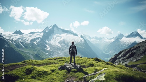 Man Standing on Top of a Lush Green Hillside