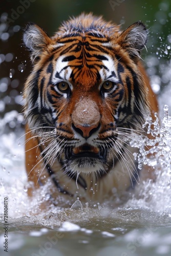 Force of Nature: A Tiger Charging Through Water, Its Coat Glistening, Eyes Locked in Concentration, Ripples Marking Its Path.