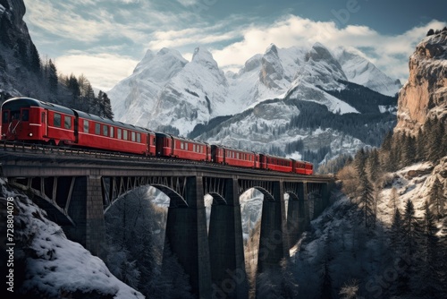 Red Train Travelling Over Bridge Surrounded by Mountains © Marharyta