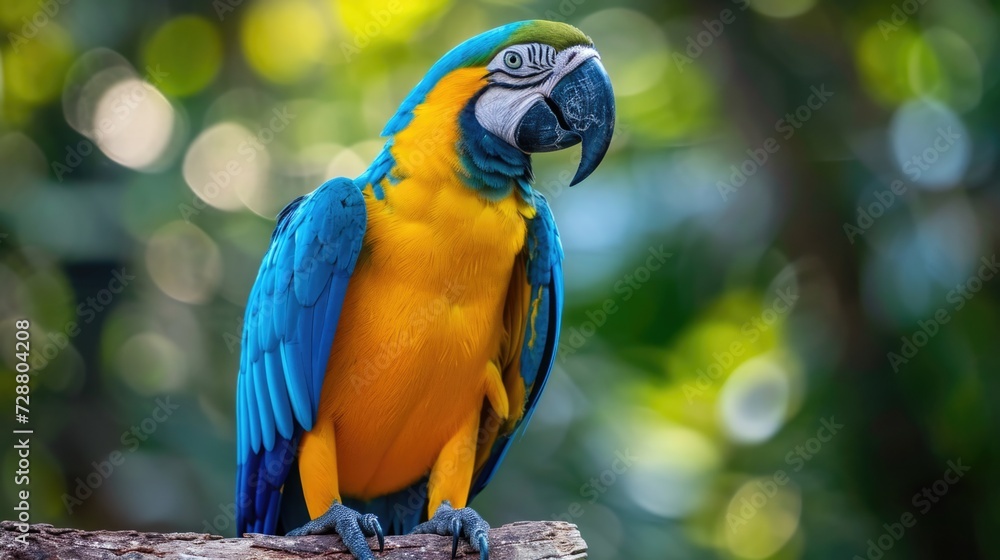 In Nature's Spotlight: Blue and Yellow Macaw with Detailed Beak and Eyes, Perched Elegantly on Bark, Soft-Focus Isolation. In Nature's Spotlight: Blue and Yellow Macaw with Detailed Beak and Eyes, Perched Elegantly on Bark, Soft-Focus Isolation.