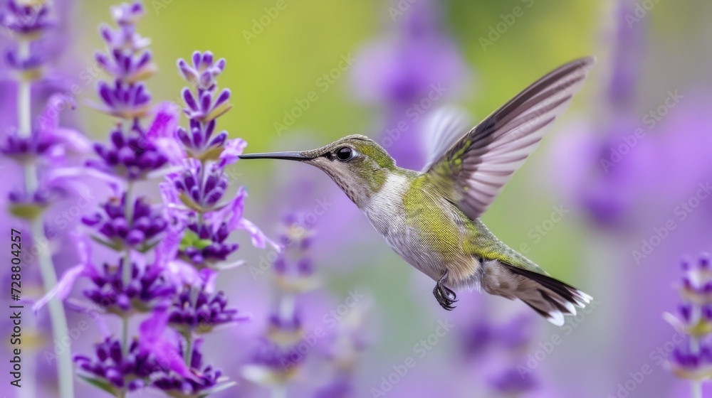 Naklejka premium Ethereal Hover: Green Feathered Hummingbird Nears Purple Flowers, Motion Captured with Soft Bokeh Enhancing Its Brilliance.