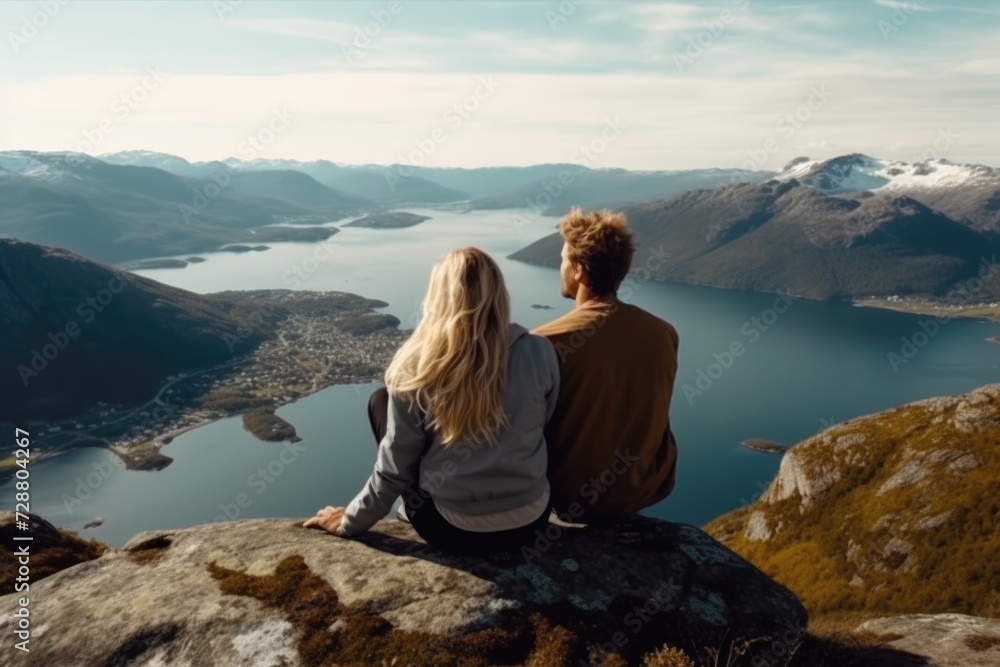 Man and woman sitting on top of mountain.