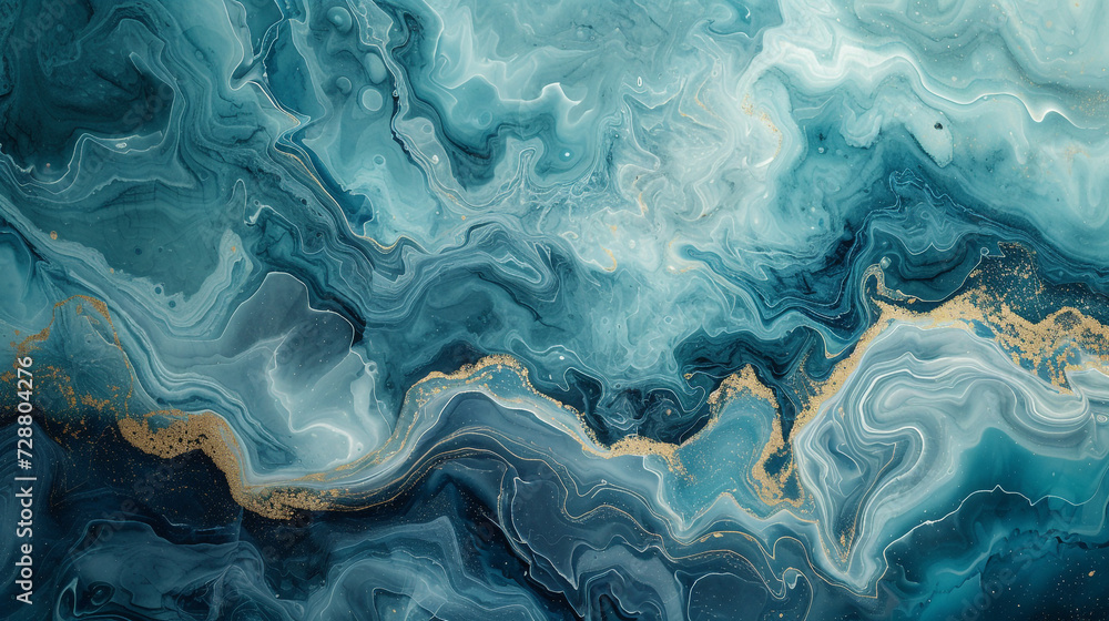 A marble slab with an abstract painting in shades of blue and green, resembling a calm sea. 