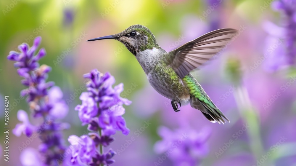 Naklejka premium Ethereal Hover: Green Feathered Hummingbird Nears Purple Flowers, Motion Captured with Soft Bokeh Enhancing Its Brilliance.