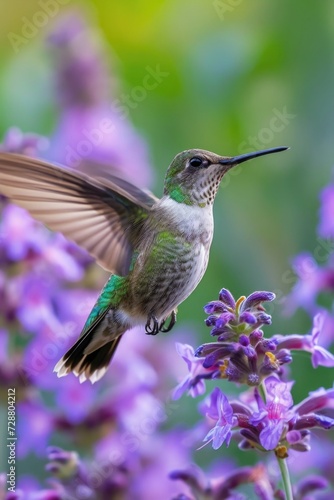 Ethereal Hover: Green Feathered Hummingbird Nears Purple Flowers, Motion Captured with Soft Bokeh Enhancing Its Brilliance.