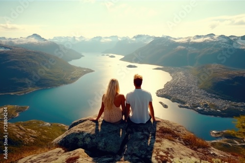 A man and a woman sitting on top of a mountain.