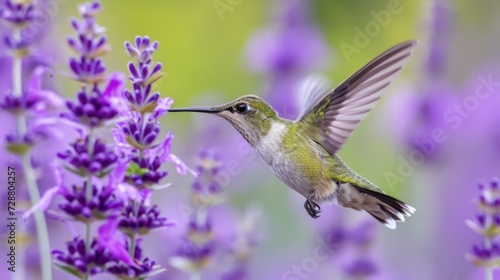 Ethereal Hover: Green Feathered Hummingbird Nears Purple Flowers, Motion Captured with Soft Bokeh Enhancing Its Brilliance.