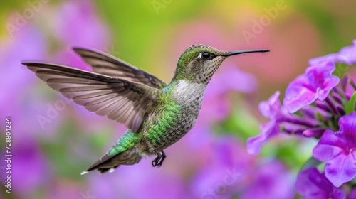 Delicate Dance in Nature: A Hummingbird with Vibrant Green Plumage Approaching Purple Blossoms, Soft-Focus Background Highlighting Its Colors.