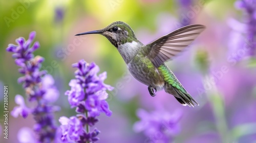 Ethereal Hover: Green Feathered Hummingbird Nears Purple Flowers, Motion Captured with Soft Bokeh Enhancing Its Brilliance.
