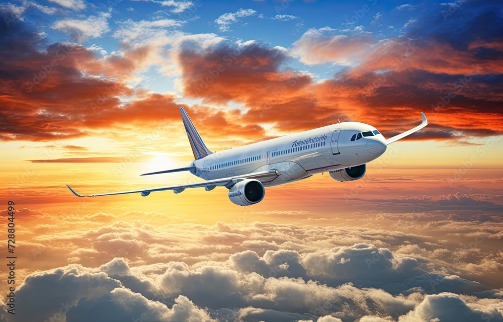 Airplane soaring above the clouds at sunset. Airplane soaring above the clouds at sunset.