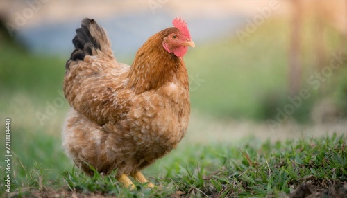 A hen chicken standing in the grass, farm animal