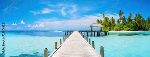 Dock Leading to Tropical Island With Palm Trees