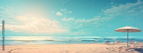 A beach with chairs and an umbrella in the sand.