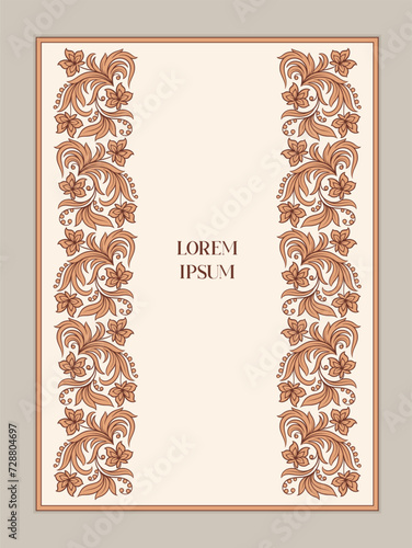Vintage herbal frame concept. Template for flyer and booklet. Abstract orange patterns from flowers. Template and layout. Cartoon flat vector illustration isolated on grey background