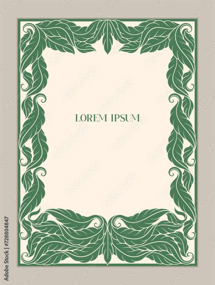 Vintage herbal frame concept. Template for flyer and booklet. Abstract green patterns from flowers. Graphic element for website. Cartoon flat vector illustration isolated on grey background