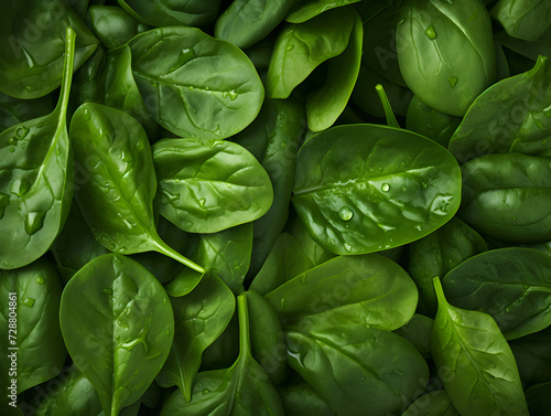Top view background with raw green spinach 