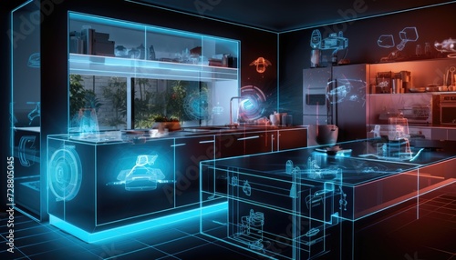 A Futuristic Kitchen With Augmented Lights and Appliances