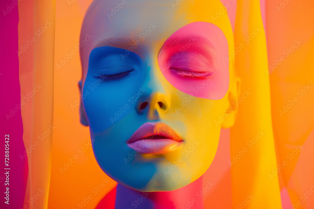 Fashion model woman skin face in colored paint pastel tones, beautiful girl lips, mouth, closed eyes. Trendy art design makeup. Minimal style aesthetic image, close up portrait, beauty concept