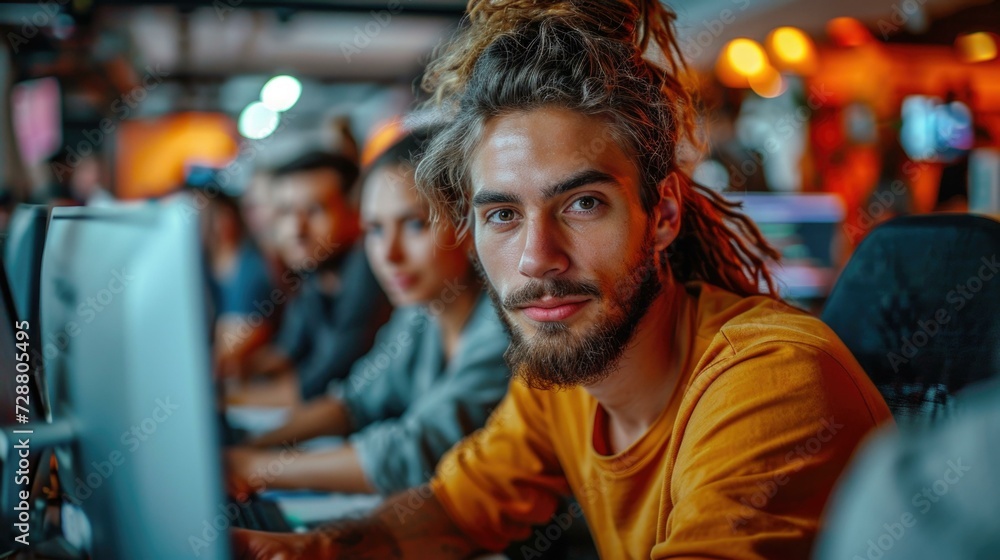 A man with dreadlocks is sitting at a computer in an office. Generative AI. A man with dreadlocks is sitting at a computer in an office. Generative AI.