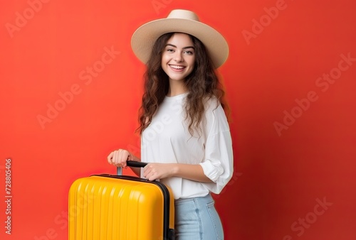 Woman in hat holding yellow suitcase. photo