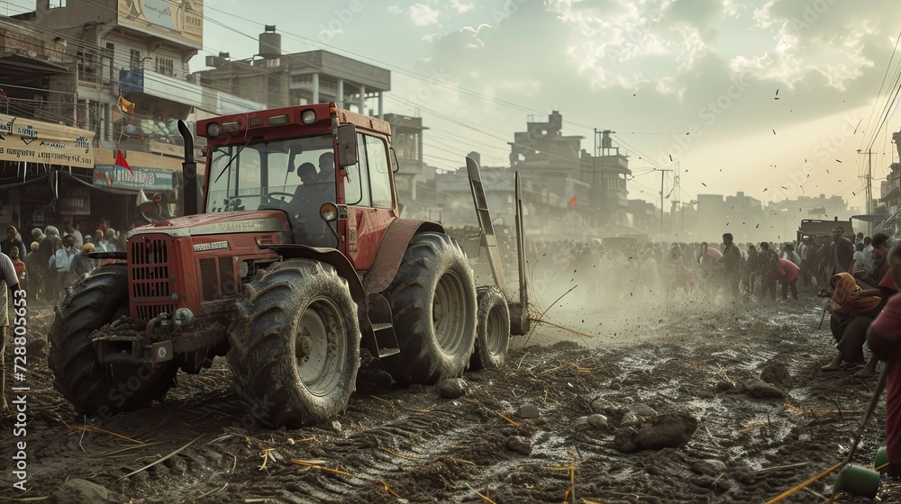 Fototapeta premium farmers gather in the city with their modern tractors during a strike, highlighting the clash of agricultural livelihoods against urban landscapes.